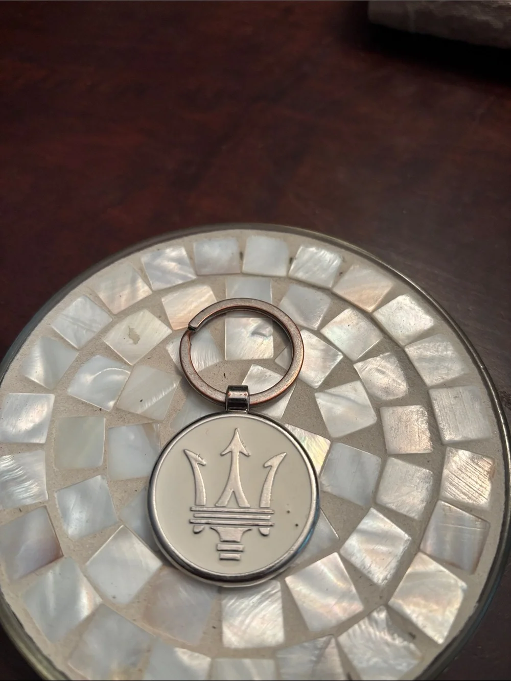Maserati Silver Tone Round Keyring - White Center